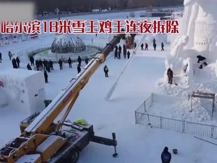 哈尔滨市温度回升#迎新八方来客的冰雪大世界#为了保护游人的安全#18米高的大王鸡被拆除