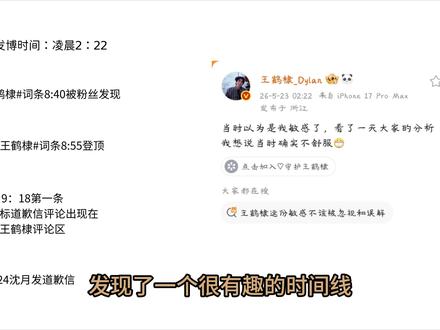 王鹤棣事件,捋一下各件事发生的时间线,你会发现,王鹤棣好像被做局了。王鹤棣2:22发博,8:40开始有双人词条,但还没上热搜,8:50双人词条突然冲上热搜榜,9:18一个沉寂了9年的号在王鹤棣微博下带节奏,引导舆论,9:24沈月道歉,紧接着双人词条和颁奖争议词条上热搜榜,每隔一会热搜榜上就出现新的王鹤棣的黑热搜,几天内连续下了几十个黑热搜词条。这是一个系统性的有预谋的公关手法,最明显的有2点,1.在沈月道歉前6分钟9:18就有人在点评,这是营销公司没控制好键盘手,提前下场了。2.黑热搜词条的主持人都是浪花文艺,“浪花文艺”这个号就是之前给沈月写营销稿的号,最近参与的超话也是沈月家的。
王鹤棣已经经历了长达5天的网暴,现在还有人在他的抖下面🧣里面发恶意评论,希望这个视频,能让大家看清是谁做在做局 #综艺名场面 #王鹤棣沈月 #沈月 #不舒服