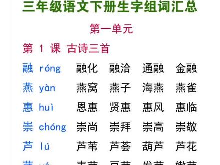 三年级下册语文生字注音组词,预习复习的重点#三年级 #语文 #生字 #组词 #云上大课堂 #抖知加油站