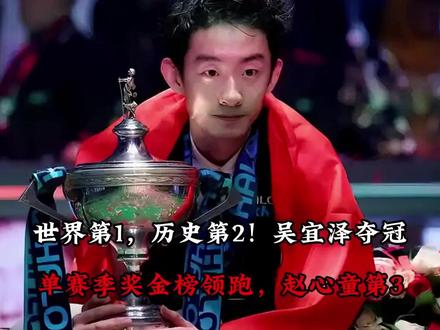 世界第1,历史第2!吴宜泽夺冠,单赛季奖金榜领跑,赵心童第3