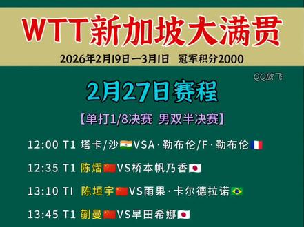 WTT新加坡大满贯2月27日全部赛程