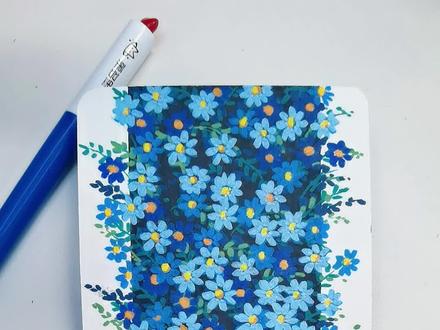 我的本子开满了蓝星花,丙烯马克笔速涂过程。#真实生活分享计划 #手绘 #绘画 #画画 #丙烯马克笔