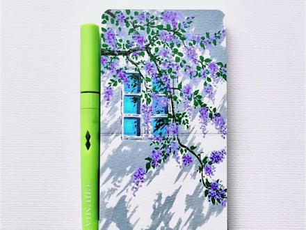 新手也能画的紫藤花教程来了
绘画小技巧
1. 浅灰铺墙面,留白做光影
2. 深绿画枝藤,浅绿点叶片
3. 深浅紫点出紫藤花,蓝窗提亮,氛围感直接拉满#丙烯马克笔画 #艺术在抖音#跟着抖音学画画#紫藤花#初描丙烯马克笔