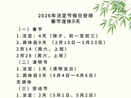 2026年法定节假日安排
春节连休9天
一)春节
1.法定:4天(除夕、初一至初三)
2.调休后9天(2月15日一2月23日)
2月14(周六,上班)
2月28(周六,上班)
(二)清明节
1. 法定:1天(清明当日)
2 .调休后3天(4月4日一4月6日)
无调休
(三)劳动节
1.法定:2天(5月1日、5月2日)
2.调休后5天(5月1日一5月5日)
5月9日(周六)上班
(四)端午节
1. 法定:1天(端午当日)
2.调休后3天(6月19日一6月21日)
无调休
(五)中秋节
1.法定:1天(中秋当日)
2.调休后3天(9月25日一9月27日)
无调休
(六)国庆节
1.法定:3天(10月1日至10月3日)
2. 调休后7天(10月1日一10月7日)
9月20(周日)上班
10月10日(周六)上班 #易经#易经文化 #易经智慧