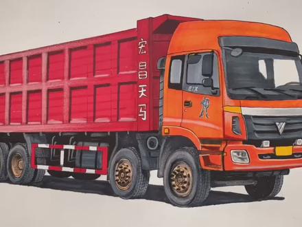 手绘福田欧曼ETX前四后八轮翻斗车,百吨王 #福田欧曼 #福田ETX #欧曼重卡 #卡车模型 #卡车怎么画