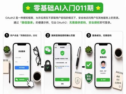零基础AI入门011期:什么是OAuth2? 用微信登录时为什么不用密码?本视频用酒店房卡等生活化例子,带你彻底搞懂OAuth2授权框架。你将认识四大关键角色,详解授权码模式的完整流程,理解令牌如何实现安全、临时的权限控制。看完就明白每一次第三方登录背后的安全握手协议。#知识科普 #大模型 #vibecoding #oauth2 #皓AI