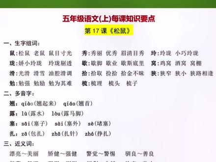 五年级上册语文第17课《松鼠》知识要点总结#五年级上册语文 #知识点总结 #课堂笔记 #知识分享