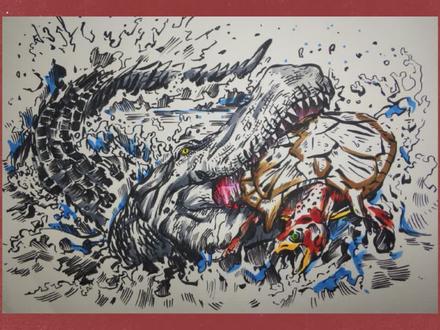 【速写】普鲁斯鳄捕食地纹骇龟#画画#绘画#鳄鱼#普鲁斯鳄 #动物