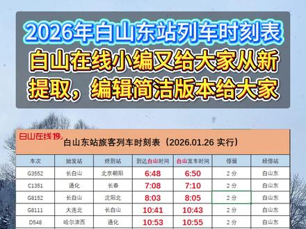 白山东站高铁时刻表,(2026.01.26实行) #白山在线#白山东站#列车时刻表