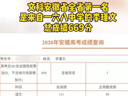 2020年安徽高考文理科最高分出炉了!#安徽高考成绩