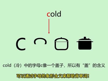 巧记单词:cold中的字母c像盖子,hold中的字母h像手?
可以通过字母的象形含义来帮助背单词!
单词cold是“冷”的含义。cold中的字母c像盖子,所以字母c有“盖”的含义。天气冷了,当然要多“盖”点衣服了。cool是“凉爽的”的含义,也是以字母c开头。而“盖子”的单词cover,恰好也是以字母c开头。
单词hold是“拿着”的含义。hold中的字母h像人的手,所以字母h有“拿”的含义。恰好手的单词hand也是以字母h开头。还有一些跟手有关系单词也是以字母h开头,比如have(有)、help(帮助)、harm(伤害)、hit(击打)、hug(拥抱)、hunt(打猎)等。
#单词快速记忆法