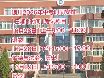 银川2026年中考时间安排
| 日期 | 时间 | 考试科目 |
| 6月28日 | 上午9:00 - 11:30 | 语文 |
| 6月28日 | 下午15:00 - 17:00 | 道德与法治、历史 |
| 6月29日 | 上午9:00 - 11:00 | 数学 |
| 6月29日 | 下午15:00 - 16:40 | 英语 |
| 6月30日 | 上午9:00 - 11:30 | 物理、化学 |
| 6月30日 | 下午15:00 - 17:00 | 地理、生物学(八年级,含九年级补考) |
#银川中考 #中考 #初三 #同城教育 #宁夏异地高考