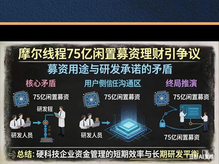 摩尔线程75亿闲置募资理财引争议芯片企业"闲钱"管理引关注 摩尔线程 75 亿闲置募资理财引争议,所长带你一分钟解读,2025年12月12日,科创板GPU企业摩尔线程(688795.SH)公告,拟使用不超过75亿元闲置募集资金进行现金管理,投向协定存款、结构性存款等保本产品。由于该金额占其IPO募集资金净额(约75.76亿元)的绝大部分,此决定迅速引发市场强烈争议。
#摩尔线程 #科创板
