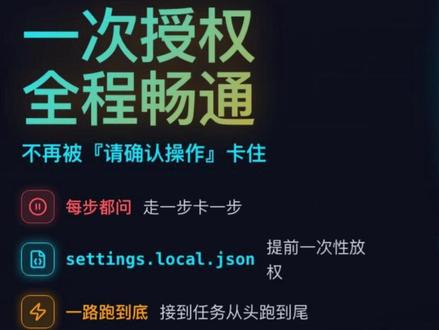 一招解决 Claude 频繁确认问题 通过在项目中配置 settings.local.json 文件中的 permissions 权限项,可实现一次性授权,允许 Claude 直接执行相关操作,无需逐次手动确认,从而让任务完整自动执行完毕,提升使用效率。