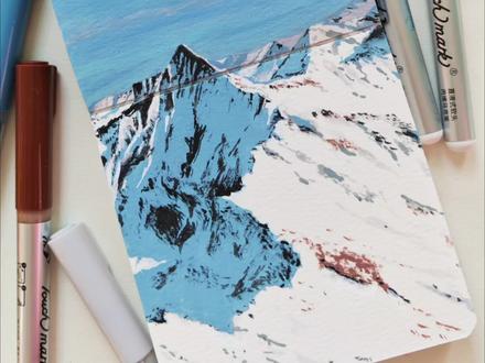 丙烯马克笔 | 雪山手绘过程 新手也能跟着画的丙烯马克笔教程,配色和技法都在视频里啦~#跟着抖音学画画 #绘画教程 #丙烯马克笔教程 #治愈系风景画 #零基础学画画