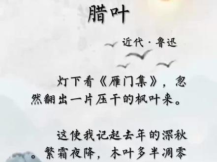 #今日分享 #文学经典作品赏析 #弘扬国学经典文化 《腊叶》鲁迅先生在1931年写作的《<野草>英文译本序》曾说《腊叶》是为爱他者的想要保存他而作的。爱他者有两种所指,狭义的指许广平。广义的指所有关心作者的人。1941年,许广平发表的文章中的一段文字,将这篇散文诗的写作意图,说得更清晰:“持久而广大的战斗,鲁迅先生拿一枝笔横扫下军之后,也难免不筋疲力尽,甚至病起来了,过度的紧张,会使眠食俱废,这之间,医生的警告,是绝对不能抽烟,否则吃药也没有效验,周围的人们都惶恐了。在某一天的夏夜,得着他同乡人的见告,立刻,我们在他的客厅里,婉转陈说,请求他不要太自暴自弃,为了应付敌人,更不能轻易使自己生起病来,使敌人畅快,更使自己的工作无法继续。我们的话语是多么粗疏,然而诚挚的心情,却能得到鲁迅先生的几许容纳。后来据他自己承认,在《野挚》中的那篇《腊叶》,那假设被摘下来夹在《雁门集》里的斑驳的枫叶,就是自况的。”
此文写于1925年12月26日,最初发表于1926年1月4日《语丝》周刊第60期。
这首诗作者以“腊叶”自况,通过描写“爱我者的想要保存我”的好意,委婉地陈述了“不能两全”的意思,表达了作者为革命献身的决心。