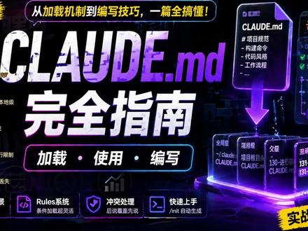 CLAUDE.md完全指南,3个层级+加载规则+写法技巧 你知道 Claude Code 每次对话都会自动读取一个隐藏文件吗?
它就是 CLAUDE.md —— Claude Code 的"记忆配置文件"。
写好它,AI 每次对话都懂你的规矩,不用反复说。
这期视频把 CLAUDE.md 彻底讲透:
🔹 它是什么?不是系统提示词,是用户消息注入
🔹 什么时候加载?4 个触发时机全搞懂
🔹 向上遍历机制 —— 从当前目录一直找到家目录
🔹 3 个层级:全局 / 项目 / 本地,越具体优先级越高
🔹 冲突规则:后说的权重大于先说
🔹 @ 导入、.claude/rules/ 按需加载
🔹 好写法 vs 差写法对比
🔹 不生效了怎么排查
一条视频把 CLAUDE.md 从入门到精通,用好了就是你的 AI 效率倍增器。
#ai #大模型 #claude #claudecode #真实生活分享计划