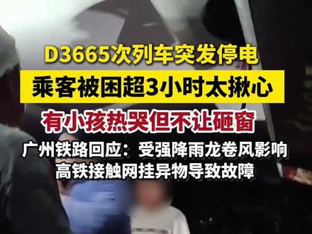 D3665次列车停电被困隧道3小时,乘客称小孩热哭了但不让砸窗,多人用手机灯光照明,广州铁路回应。#列车被困 #广州暴雨 #高铁故障(极目新闻)