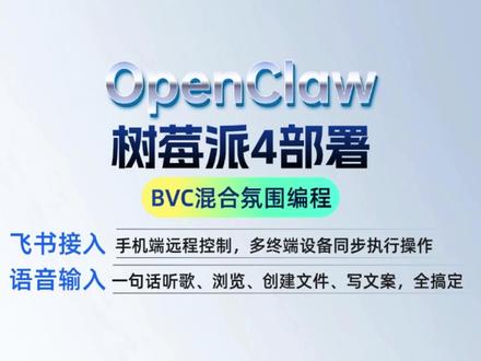 OpenClaw树莓派4部署,BVC混合氛围编程,飞 书接入,手机端远程控制,多终端设备同步执行操作,语音输入,一句话听歌、浏览、创建文件、写文案,全搞定 #倍塔狗人工智能教育 #openclaw #BVC #vibecoding #clawbot