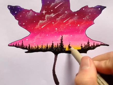 枫叶星空,最后撕掉胶带美呆了🍀#马克笔 #画画#零基础学画画
