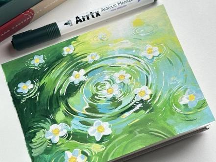 碧水涟漪🌼丙烯马克笔绘画 #零基础学画画 #画画 #春 #丙烯马克笔画 #治愈系风景