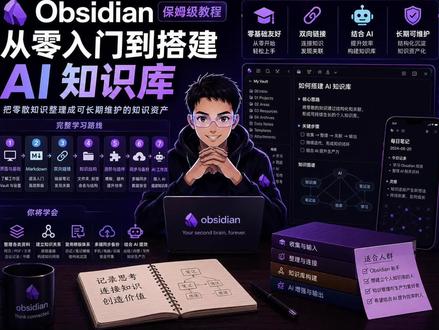 Obsidian 保姆级教程:从零入门到搭建 AI 知识库 这条视频从零讲清楚 Obsidian 的核心用法:Vault、Markdown、双向链接、文件夹、标签、模板、插件、同步备份,以及如何结合 AI 搭建可长期维护的个人知识库。适合第一次接触 Obsidian 的新手,也适合想把零散资料整理成系统知识资产的人。
你会看到一条完整学习路线:先看懂界面,再掌握 Markdown 和双链,再建立稳定的笔记结构,最后把网页、PDF、会议记录和 AI 工作流接入 Obsidian。
#Obsidian #Obsidian教程 #知识管理 #AI知识库 #个人知识库