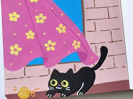 丙烯马克笔画窗帘下的小猫咪#跟着抖音学画画 #治愈系 #稚乎丙烯马克笔 #稚乎葫芦笔