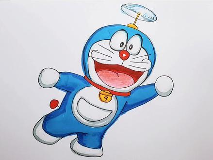 画一只机器猫 哆啦A梦 戴上竹蜻蜓 飞吧 手绘儿童卡通彩色简笔画