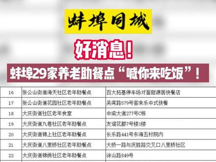 好消息!蚌埠29家养老助餐点“喊你来吃饭”!#蚌埠居民 #养老服务 #百姓生活 #民生关注 #养老 @抖音小助手 @DOU+小助手
