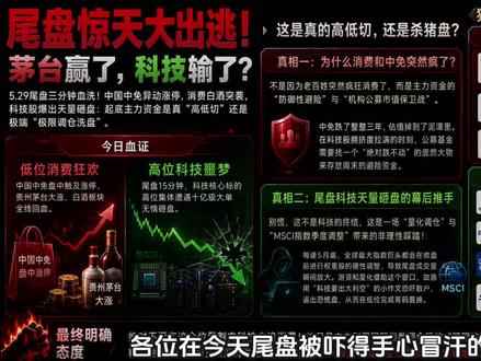 5.29尾盘三分钟血洗!中国中免异动涨停,消费白酒突袭,科技股爆出天量砸盘:起底主力资金是真“高低切”还是极端“极限调仓洗盘”。#半导体 #光模块 #科技牛市