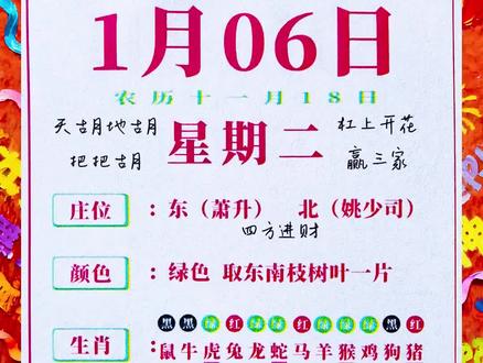 #老黄历传统民俗 #创作者中心 #创作灵感 #麻将日历 #红黑日历
1月6日
星期二
告别周一的忙乱
迎接周三的挑战
周二正是蓄力的好时光
祝您八方来财
杠上开花