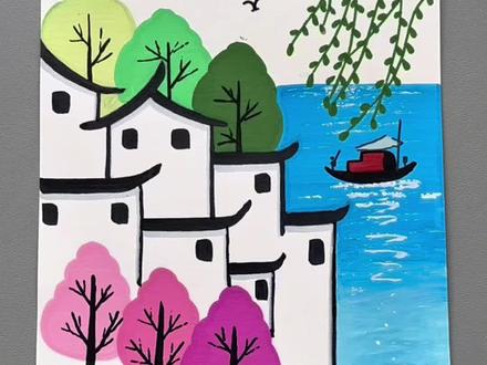 丙烯马克笔画江南春色风景画,简单易学!#春天主题创意画 #跟我一起学画画 #创意美术 #一学就会的简笔画#初描丙烯马克笔