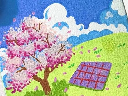 今日份浪漫|30 秒 get 一眼心动的樱花野餐插画 #画画 #风景画 #樱花 #治愈 #初描丙烯马克笔