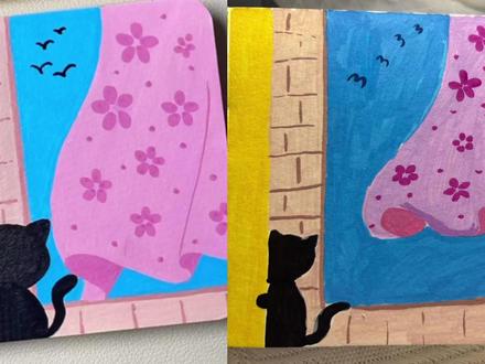 零基础学画画|丙烯马克笔这是一只偷看美景的小猫猫🐈⬛#跟着抖音学画画 #丙烯马克笔 #日常瞎画 #画出我的天马星空 #翻翻乐