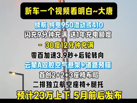 大唐正式亮相预计23万左右 王朝首款D级旗舰SUV
纯电950 混动或410
闪充9分钟充满 送1年充电
零下30度12分钟充满
零百加速3.9秒+后轮转向
云辇A双腔空气悬架+道路预瞄
首创2+2+3座椅布局
二排独立航空座椅+腿托#比亚迪#比亚迪大唐 #比亚迪唐 #大唐 #比亚迪闪充
