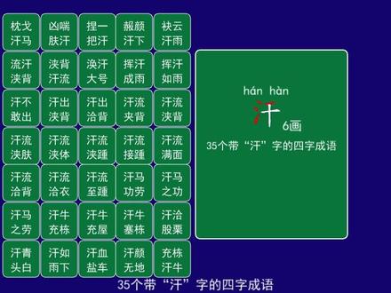 35个带“汗”字的四字成语
枕戈汗马 zhěn gē hàn mǎ
凶喘肤汗 xiōng chuǎn fū hàn
捏一把汗 niē yī bǎ hàn
赧颜汗下 nǎn yán hàn xià
袂云汗雨 mèi yún hàn yǔ
流汗浃背 liú hàn jiā bèi
浃背汗流 jiā bèi hàn liú
涣汗大号 huàn hàn dà hào
挥汗成雨 huī hàn chéng yǔ
挥汗如雨 huī hàn rú yǔ
汗不敢出 hàn bù gǎn chū
汗出浃背 hàn chū jiā bèi
汗出洽背 hàn chū qià bèi
汗流夹背 hàn liú jiā bèi
汗流浃背 hàn liú jiā bèi
汗流浃肤 hàn liú jiā fū
汗流浃体 hàn liú jiā tǐ
汗流浃踵 hàn liú jiā zhǒng
汗流接踵 hàn liú jiē zhǒng
汗流满面 hàn liú mǎn miàn
汗流洽背 hàn liú qià bèi
汗流洽衣 hàn liú qià yī
汗流至踵 hàn liú zhì zhǒng
汗马功劳 hàn mǎ gōng láo
汗马之功 hàn mǎ zhī gōng
汗马之劳 hàn mǎ zhī láo
汗牛充栋 hàn niú chōng dòng
汗牛充屋 hàn niú chōng wū
汗牛塞栋 hàn niú sāi dòng
汗洽股栗 hàn qià gǔ lì
汗青头白 hàn qīng tóu bái
汗如雨下 hàn rú yǔ xià
汗血盐车 hàn xuè yán chē
汗颜无地 hàn yán wú dì
充栋汗牛 chōng dòng hàn niú
#四字成语#挥汗如雨#汗流夹背#汗马功劳