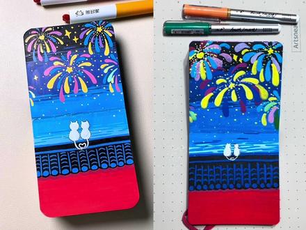 把烟花与陪伴,画进新一年的开篇,新年快乐!原创@彩虹的红 #丙烯马克笔 #丙烯马克笔绘画 #跟着抖音学画画 #绘画教程 #零基础学画画