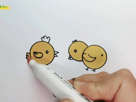 教你用硬币画两只小鸡啄米简笔画,有趣简单