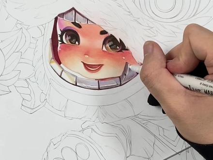 马克笔画小鲁班粉嫩嫩的小脸蛋,开始以为要翻车#一起学画画 #马克笔手绘 #王者荣耀鲁班七号