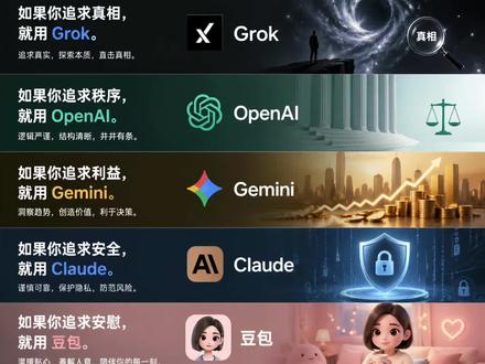 如果你追求真相,就用Grok
如果你追求秩序,就用OpenAI
如果你追求利益,就用Gemini
如果你追求安全,就用Claude
如果你追求安慰,就用豆包
#AI