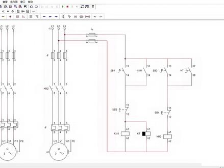 CADE SIMU仿真-M1和M2两台电动机顺序起、停的控制电路
(1)M1起动后,M2立即自动起动;
(2)M1停止后,延时一段时间,M2才自动停止;
(3)M2能点动调整工作;
(4)两台电动机均有短路保护和过载保护。