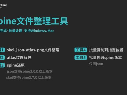 #批处理 #spine #spine2d Mac 版操作演示~
spine文件整理批处理工具,支持Windows和Mac、一键整理、纹理拆分、spine还原、修改spine版本、批量复制、spine多开,不定期更新批处理工具