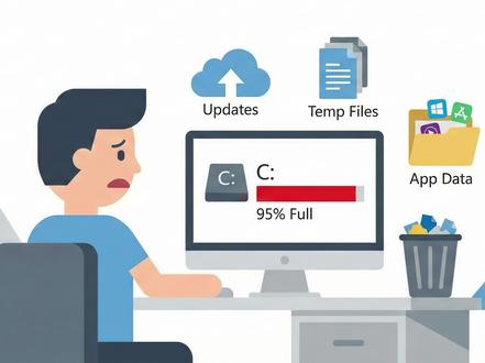 明明没下东西,C盘为什么还是红了?C盘老是满,为啥? 这是一篇由自称“修电脑的奸商”捅主任撰写的科普兼推广文章,旨在深度解析电脑C盘空间不足(“爆红”)的真实原因,并提供解决方案。
文章形象地将C盘爆满归咎于三大“嫌疑人”:
用户自身:包括给C盘分区过小(如仅分50G)、习惯将文件堆放在桌面或不清理下载文件夹。
Windows系统:系统具有“囤积癖”,会自动保留更新补丁的安装包(SoftwareDistribution)、旧版本备份(WinSxS)以及“保留存储”空间。
第三方软件:特别是微信、QQ等社交软件只进不出的巨量聊天记录,以及软件在AppData文件夹中留下的“隐形违建”缓存。
最后指出,由于普通用户自行清理存在误删系统文件(如System32)的风险且操作繁琐,作者顺势推出了包含“无损扩容”和“深度瘦身”在内的付费远程清理服务。