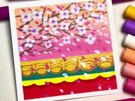 红墙上的桃花朵朵开#丙烯马克笔绘画#粉色系#桃花 #治愈系风景#慕多星丙烯马克笔