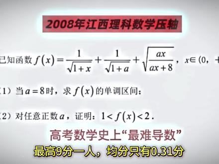 2008年江西高考数学压轴,据说是数学史上最难导数,全省30人考生全军覆没,平均分只有0.31分!
#导数压轴 #高考数学 #高中数学 #数学压轴 #高考
