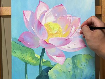 超治愈的荷花丙烯画教程来了 准备材料:30✖️40油画框,大中小号尼龙平头笔,小勾线笔,颜料🎨:白色、粉色、淡黄、大红、藏青、#丙烯画 #画画 #手绘 #丙烯画教程 #荷花