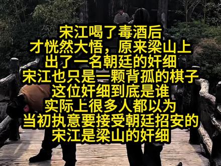 宋江喝了毒酒后才恍然大悟
原来梁山上出了一名朝廷的奸细
宋江也只是一颗背孤的棋子#宋江