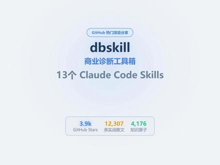 GitHub热门分享:dbskill把ai变成你的商业大脑 #ai干货分享 #创作者中心 #创作灵感
dbskill 是一个由开发者 dontbesilent 推出的商业诊断工具箱,专门为 Claude Code 和 Codex 等 AI 编程工具设计。该项目核心基于作者对万余条社交媒体推文的深度提炼,转化成了 13 个具备专业方法论的 AI 技能,涵盖商业模式分析、内容创作诊断及心理执行力评估等多个维度。除了直接安装插件,用户还可以访问其完全开放的知识库,其中包含数千条结构化的知识原子和详细的诊断框架文档。这些资源不仅能优化 AI 的逻辑判断,还支持用户通过 RAG 检索或将其注入系统提示词来构建自定义的智能助手。该工具箱采用了模块化设计,各组件之间可以根据诊断结果自动推荐下一步操作路径,形成了一套完整的商业问题解决流。
#claude #github优质项目