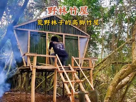 小伙荒野建造高脚竹屋,吃烧烤#野外建造 #徒手建造房屋 #庇护所建造 #木屋建造 #荒野搭建