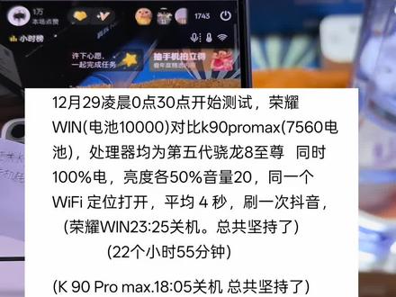 荣耀win对比k90promax 刷抖音的续航结果已经出来了,一个视频给大家汇报清楚差距还是蛮大的,看来这一次荣耀w10000毫安电池不虚#荣耀win#红米k90promax#续航对比